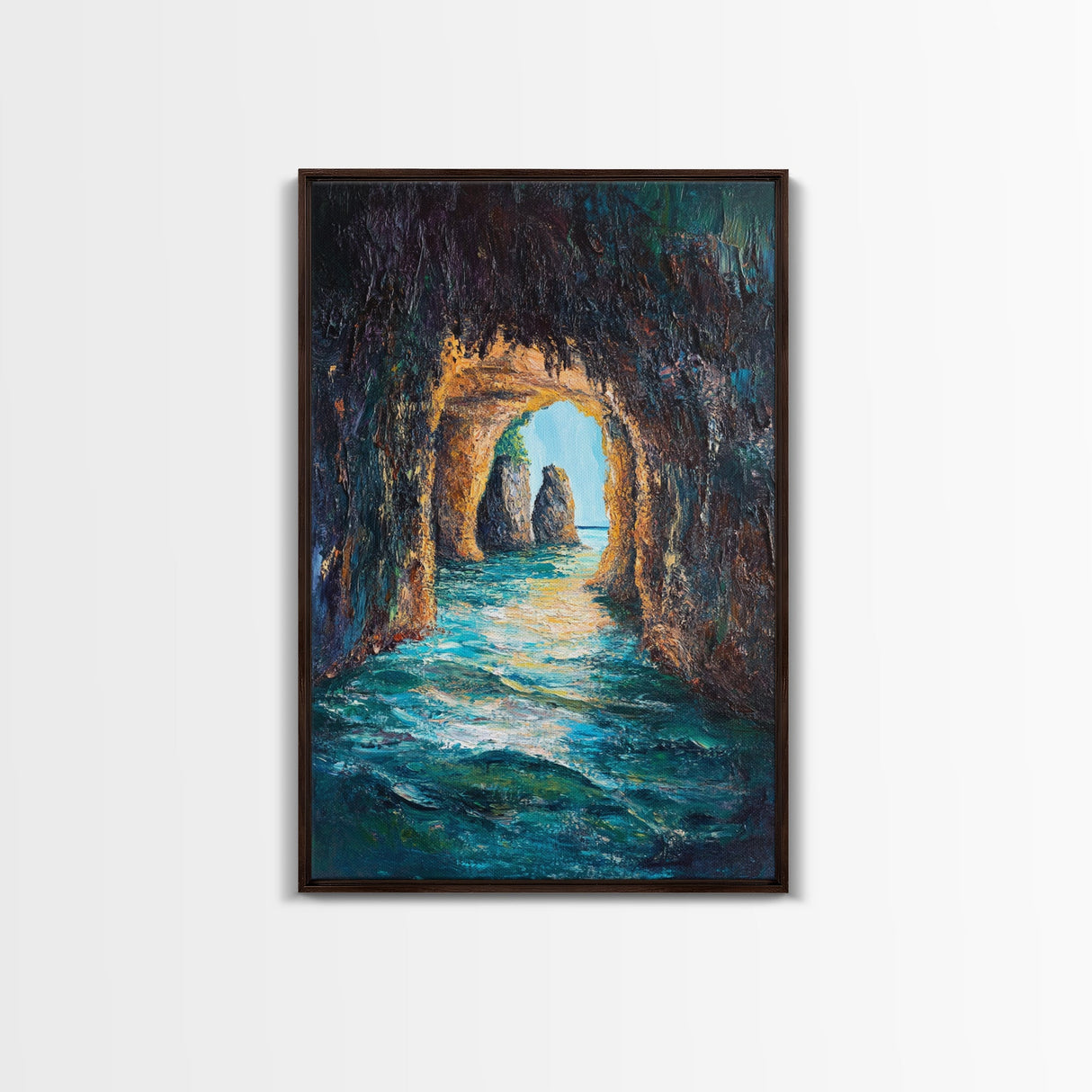 Sunlit Ocean Grotto, seascape painting, nautical painting, tropical wall art, blue and green wall art, Framed Canvas Print