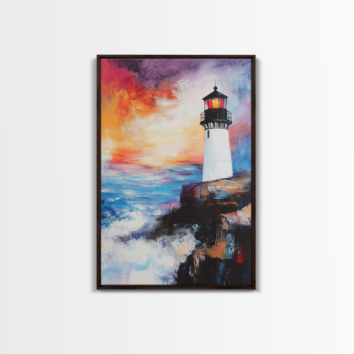 Lighthouse, Ocean, Sunset, Framed Canvas Print, coastal wall art, seascape painting, nautical painting, original painting, rustic decor