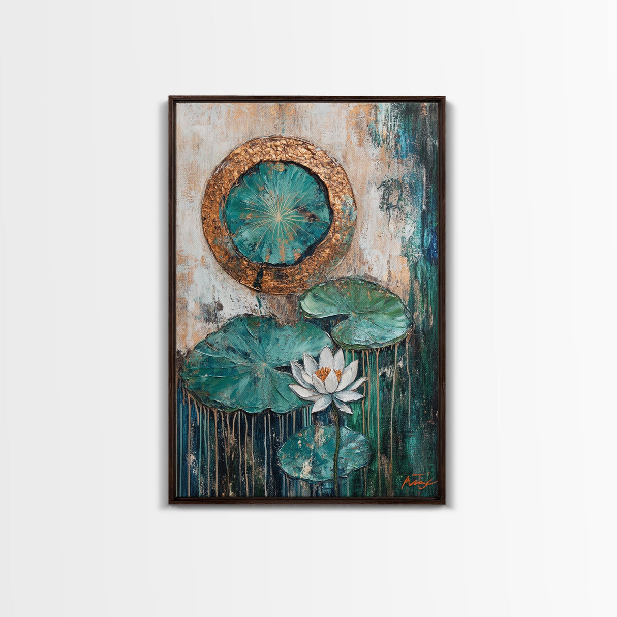 Lotus, Gold, Abstract, Framed Canvas Print, wabi sabi art, mosaic wall art, teal wall art, zen wall art, sacred geometry wall art