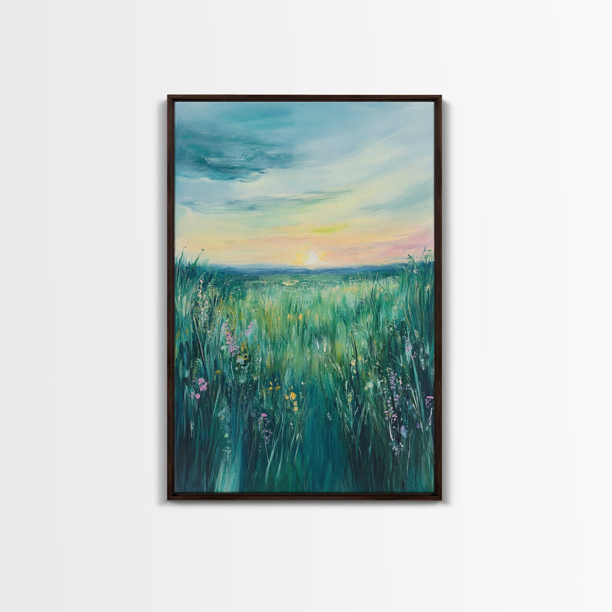 Wildflower Field, wildflower painting, botanical prints, pink orange wall art, bedroom art, Framed Canvas Print, farmhouse art