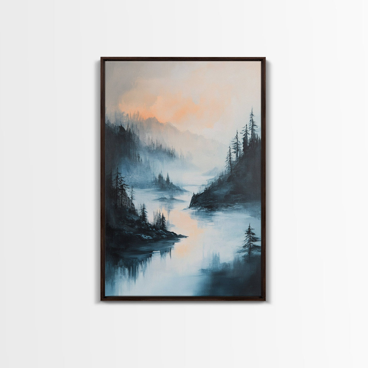 Misty Lake, landscape painting, smoky mountain art, pine tree art, moody art, blue and green wall art, Canvas Print, above sofa art