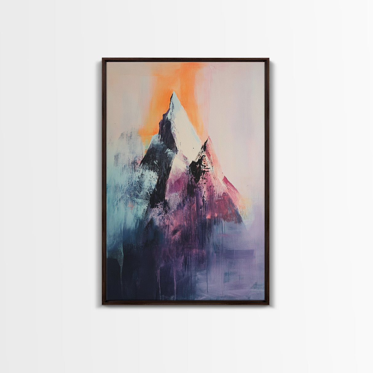 mountain painting, moody art, blue and green wall art, modern landscape painting, art nouveau print, Framed Canvas Print, minimalist art