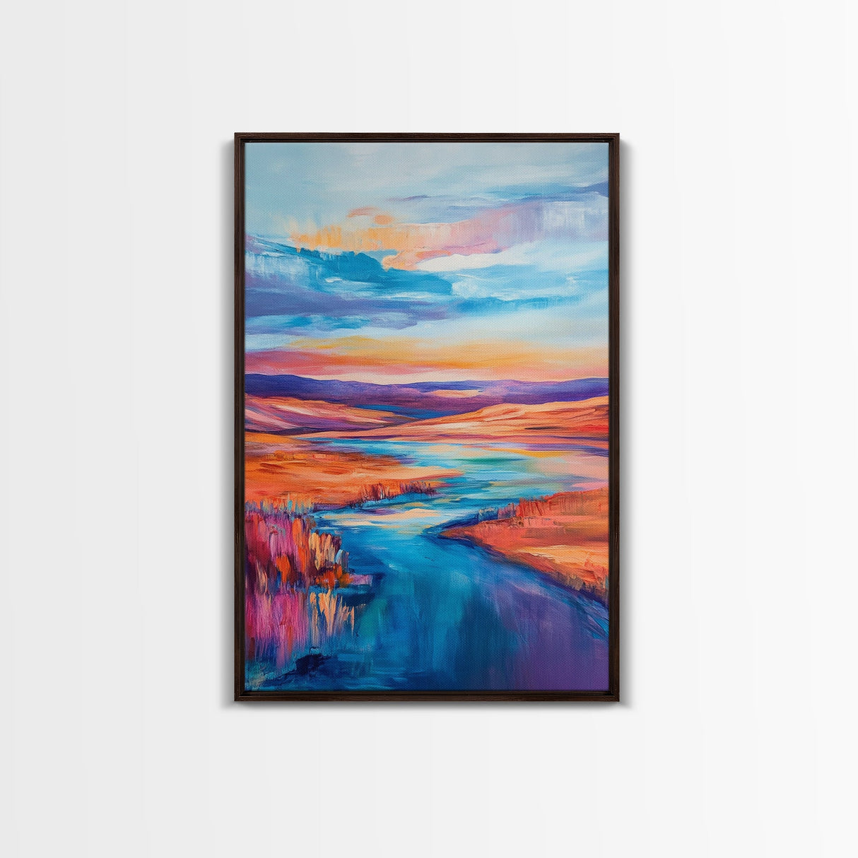 Vibrant River, landscape painting, wabi sabi art, coastal landscape art, Canvas Print, horizontal wall art, panoramic art, farmhouse art