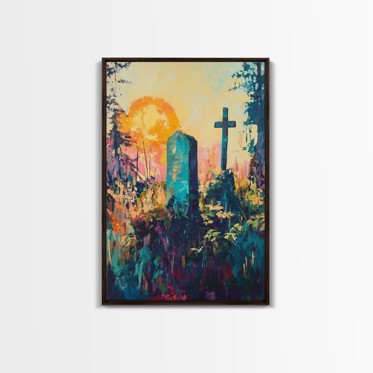 Graveyard Sunset, dark romance painting, gothic wall art, moody art, vintage folk art, atmospheric painting, framed canvas print