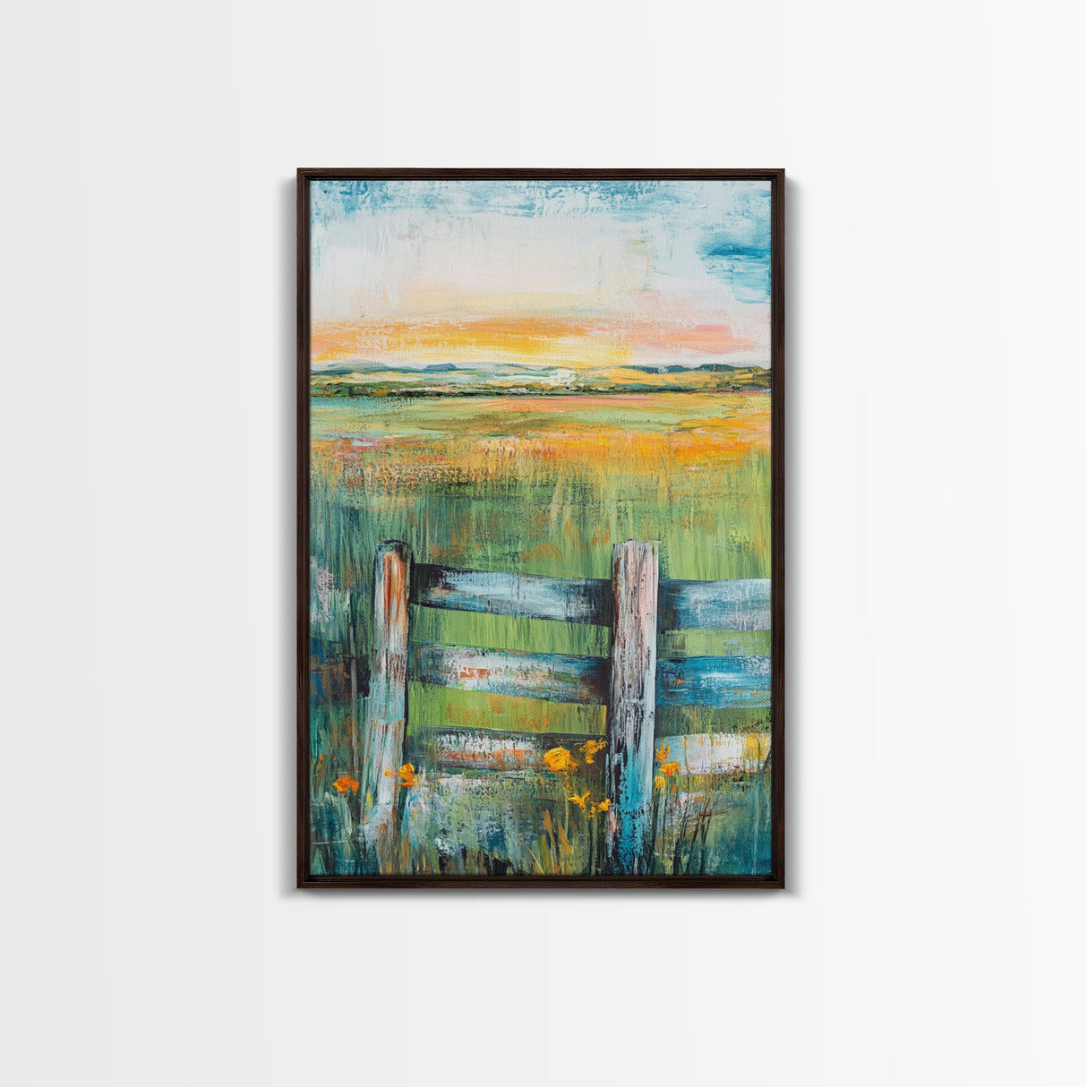 Field Sunset, wildflower painting, landscape painting, rustic wall art, nature wall art, bedroom art, framed canvas print, home decor