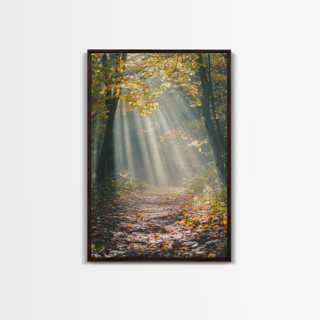 Sunlit Autumn Forest Path Canvas Print, Fall Wall Art, Nature Photography Print, Cozy Home Decor, Rustic Living Room Art, Cabin Wall Art