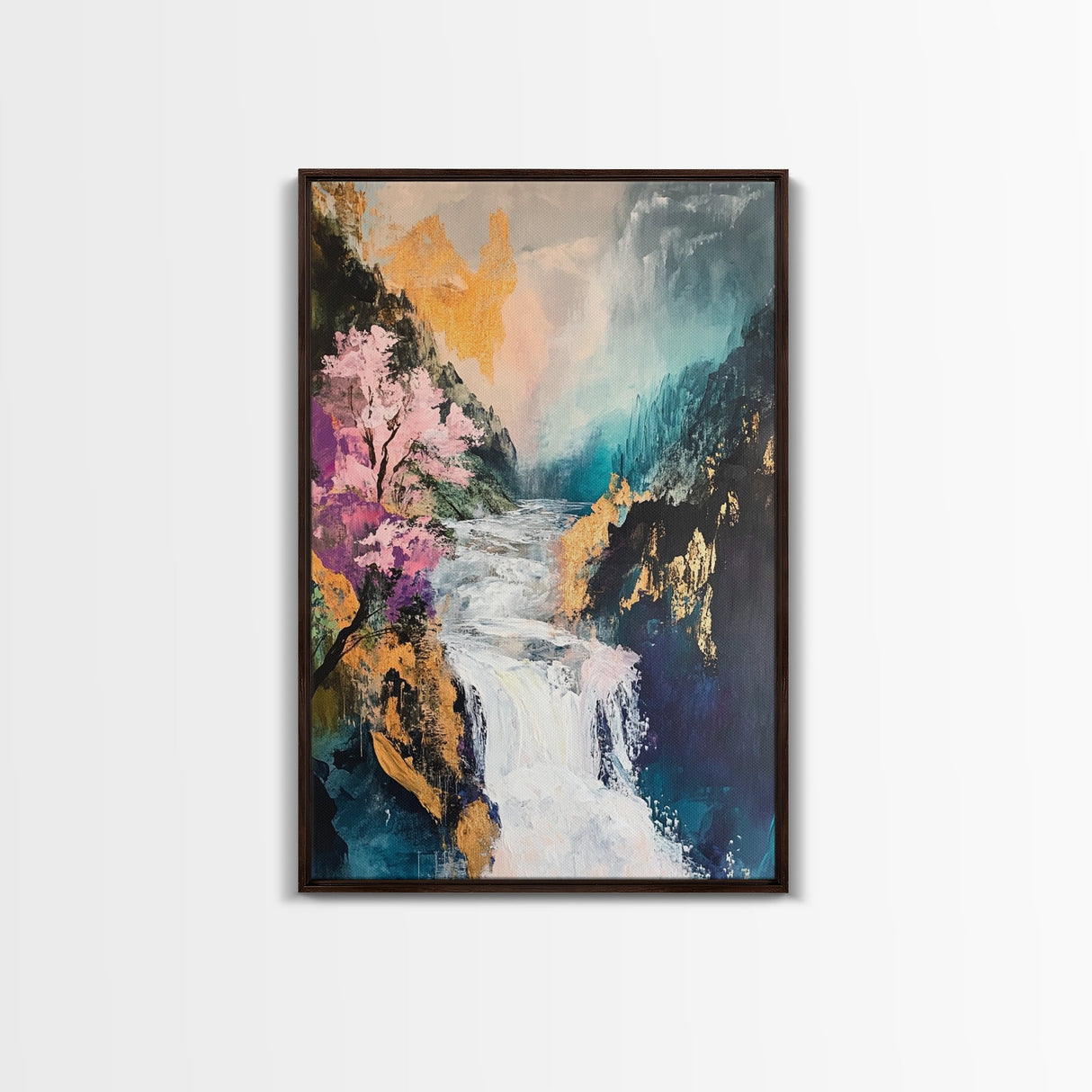 Waterfall Mountain Landscape Canvas Print Serene Nature Art Fantasy Wall Decor Japanese Painting Living Room Art Meditation Piece