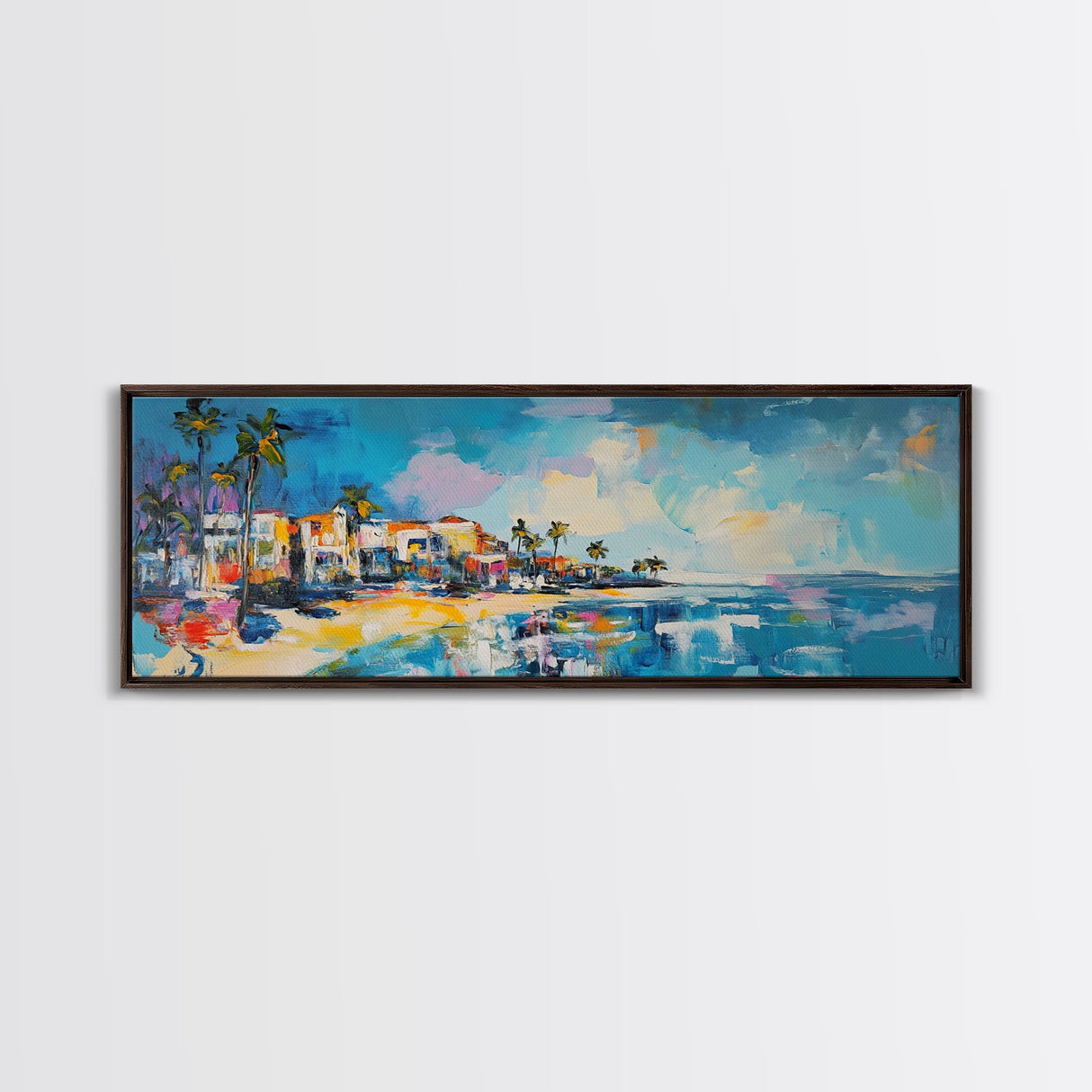 Tropical Beach Houses Framed Canvas Print Coastal Wall Art Vibrant Colorful Painting Modern Decor Large Art Living Room Office Art