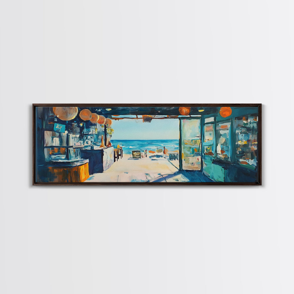 Oceanfront Cafe Scene Canvas Print Beach Bar Wall Art Coastal Decor Seaside Painting Rustic Art Dining Room Kitchen Living Room