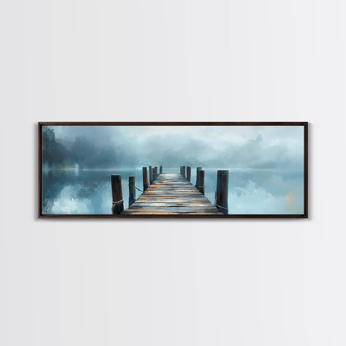 Misty Dock Landscape Framed Canvas Print Tranquil Lake Painting Minimalist Nature Art Calm Water Foggy Morning Bedroom Wall Art