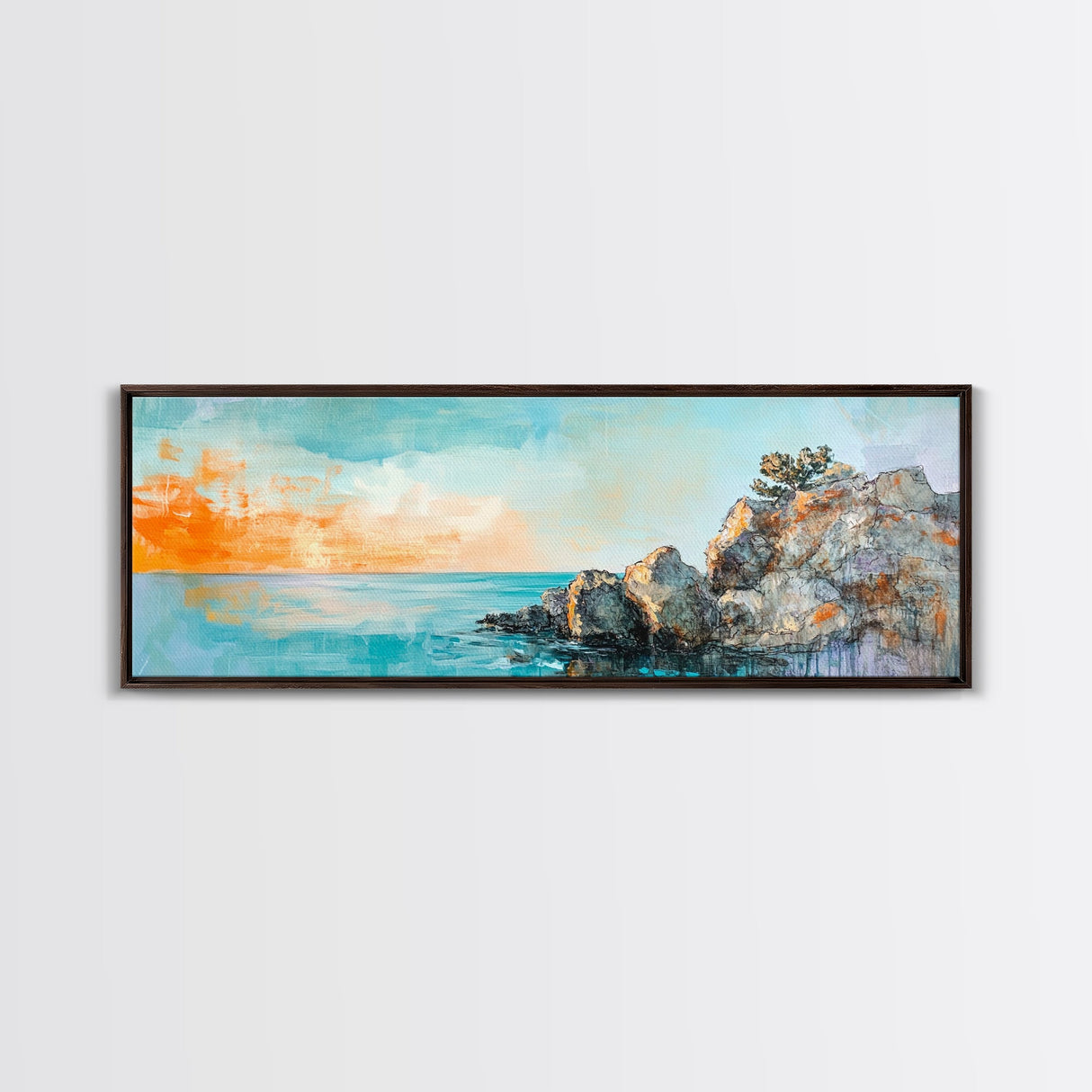 Seaside Cliff, Tranquil Beach Painting, Ocean View Wall Art, Home Decor, Framed Canvas Print, Minimalist Style, Bedroom Artwork