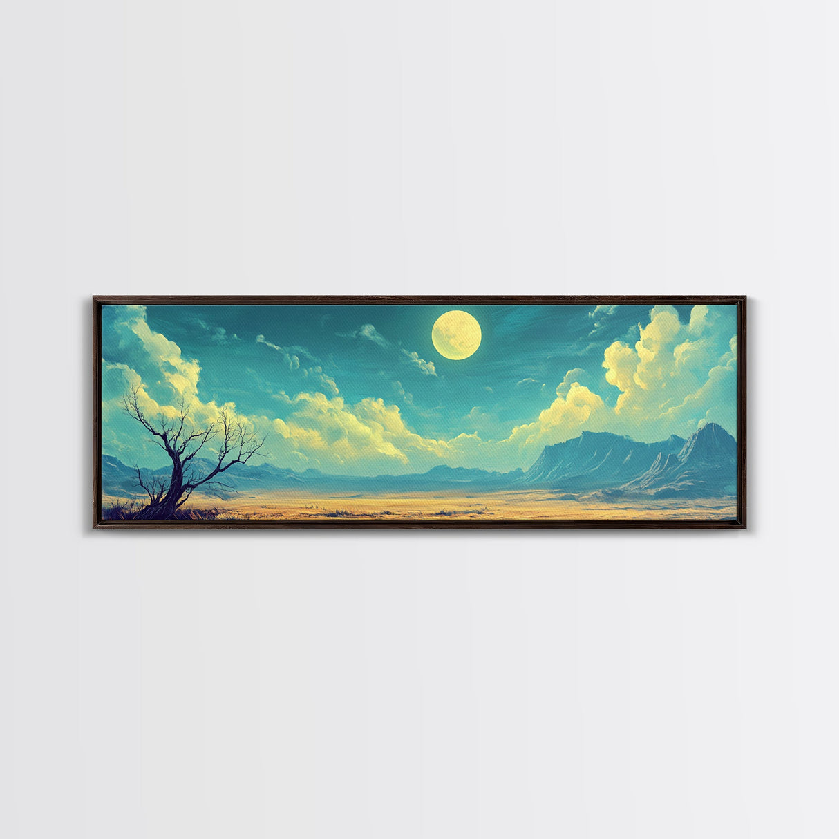 Moonlit Desert Nightscape, Mystical Blue and Gold Landscape Art, Dreamy Celestial Wall Decor, Surreal Nature Painting