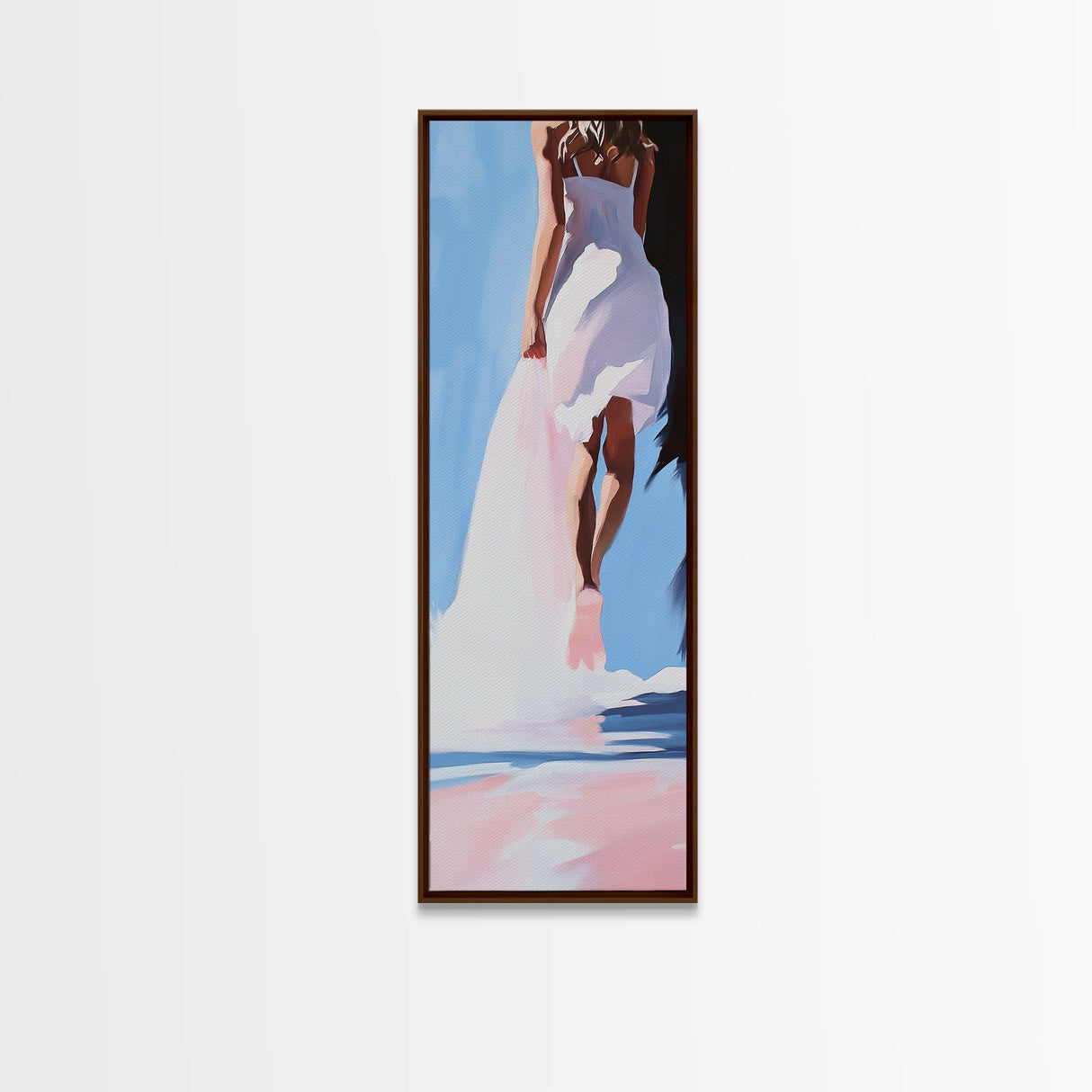 Woman in White, Elegant Beach Art, Dreamy Seaside Scene, Romantic Coastal Decor, Soft Aesthetic, Bedroom Wall Art, Framed Canvas Print