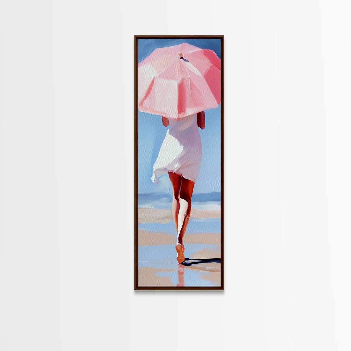 Woman with Umbrella, Summer Vibes, Framed Canvas Print, Coastal Minimalist, Soft Pastel Art, Relaxing Wall Art, Living Room Decor