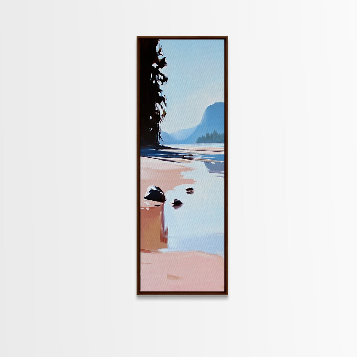 Serene Beach, Minimalist Landscape, Abstract Nature, Framed Canvas Print, Coastal Wall Art, Soft Blue and Pink, Living Room Wall Art