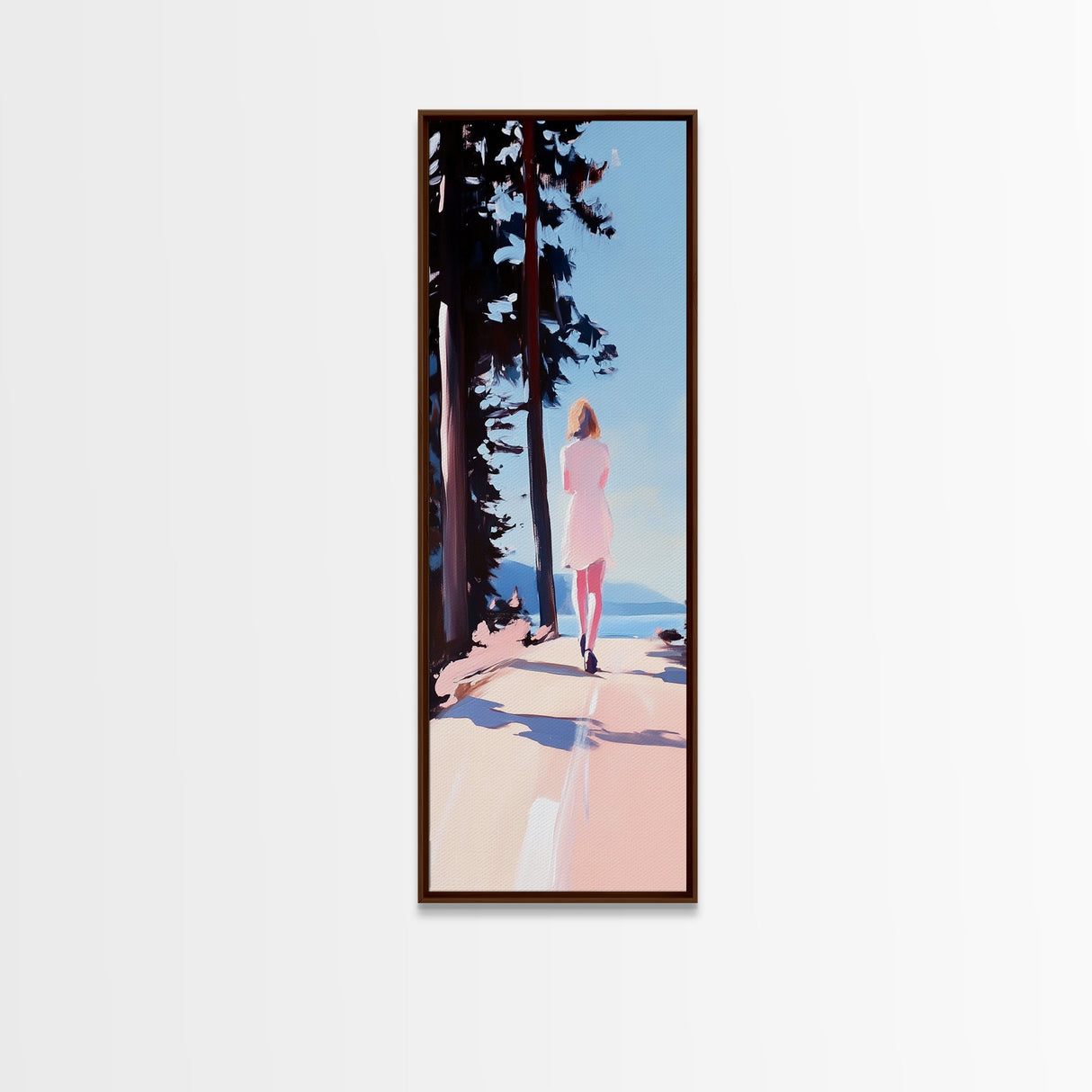 Walking Alone, Pink Dress, Scenic Art, Framed Canvas Print, Minimalist Wall Art, Nature Painting, Bedroom Decor, Boho Art, Gift