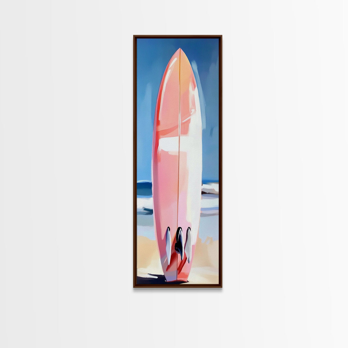 Pink Surfboard, Beach House Art, Coastal Aesthetic, Surfer Lifestyle, Summer Vibes, Ocean Theme Framed Canvas Print, Modern Wall Decor