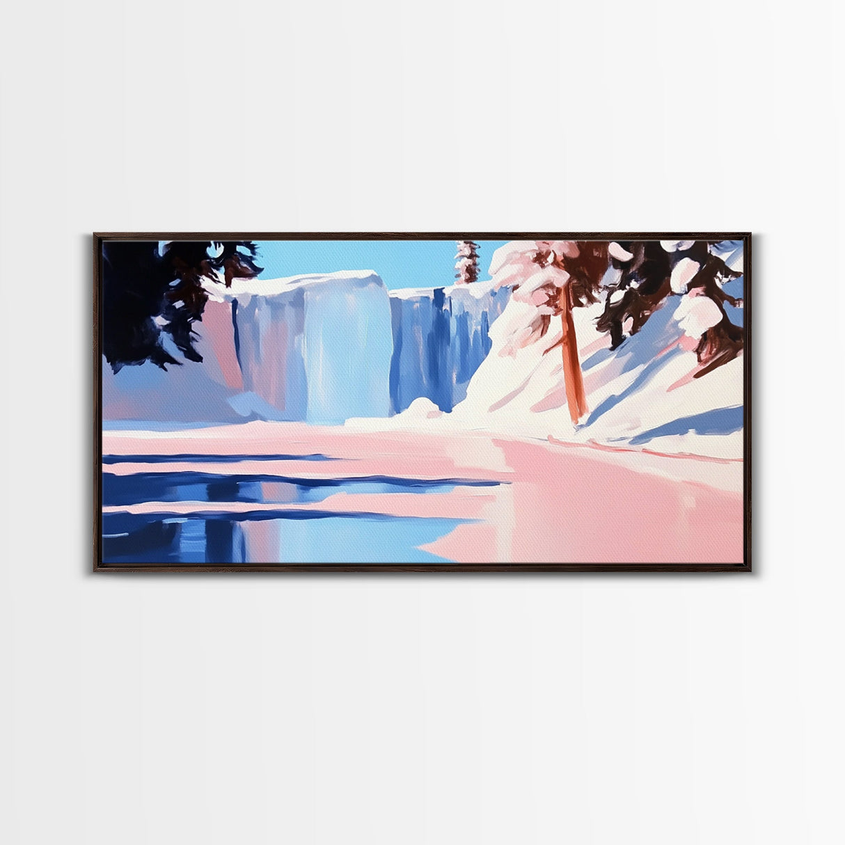 Winter Waterfall, Frozen River, Snowy Landscape, Framed Canvas Print, Minimalist Art, Living Room Wall Art, Nature Scene, Icy Blue