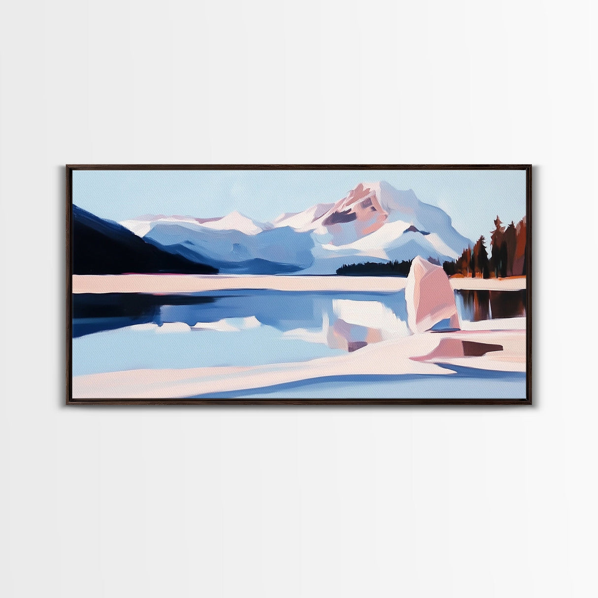 Mountain Reflection, Snowy Lake, Framed Canvas Print, Nature Wall Art, Minimalist Landscape, Living Room Decor, Blue and White Art