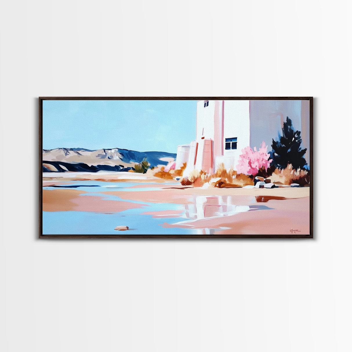 Desert Landscape, White House, Pink Trees, Canvas Print, Modern Southwest Art, Living Room Wall Art, Warm Earthy Tones, Minimalist Nature