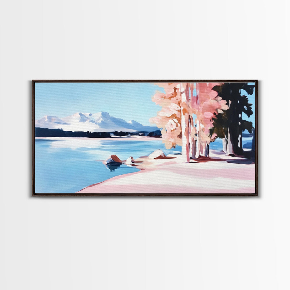 Mountain Lake, Pink Trees, Nature Art, Canvas Print, Cabin Wall Decor, Living Room Landscape, Winter Painting, Minimalist Nature Art