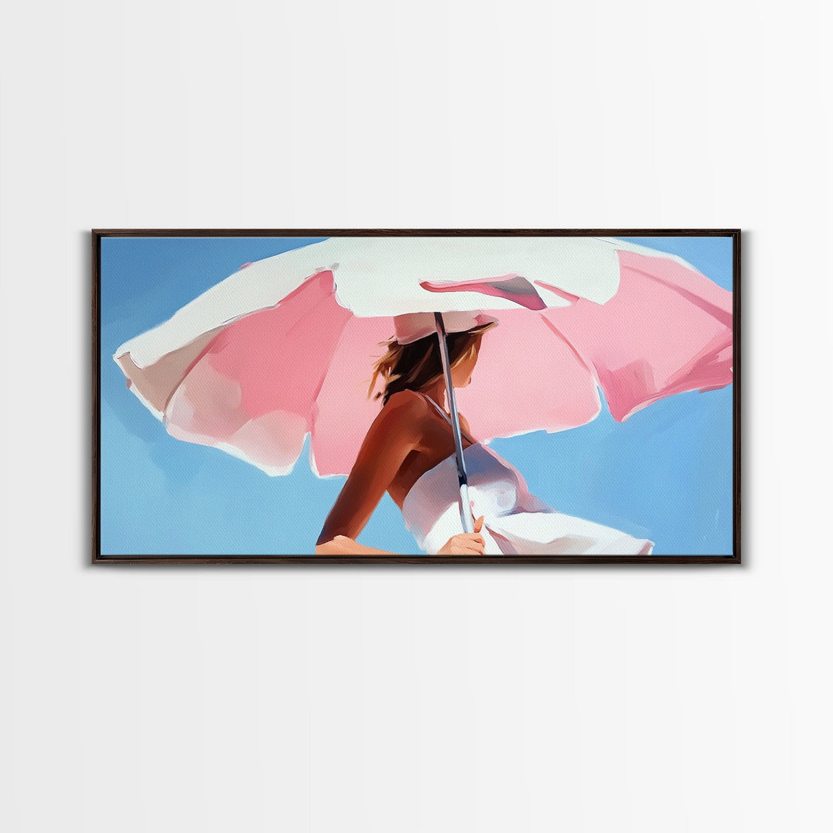 Pink Umbrella, Summer Vibes, Coastal Aesthetic, Modern Boho Art, Vibrant Pastel Decor, Bedroom Wall Art, Framed Canvas Print