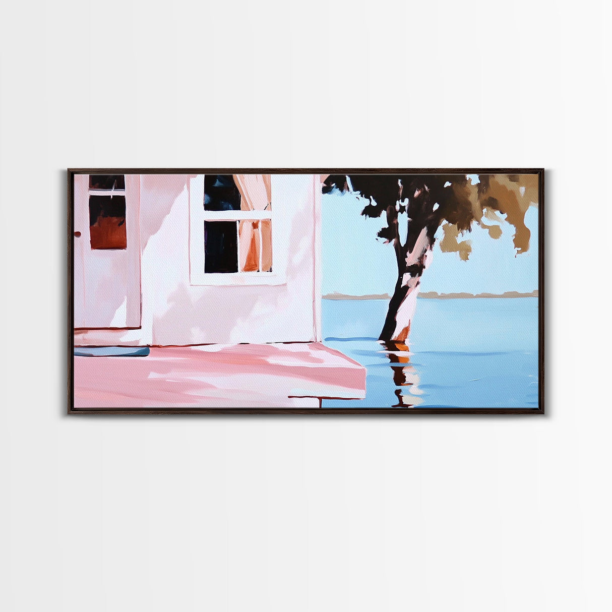 Lake House, Nature Reflection, Peaceful Retreat, Summer Serenity, Framed Canvas Print, Living Room Wall Art, Rustic Home Decor, Pastel