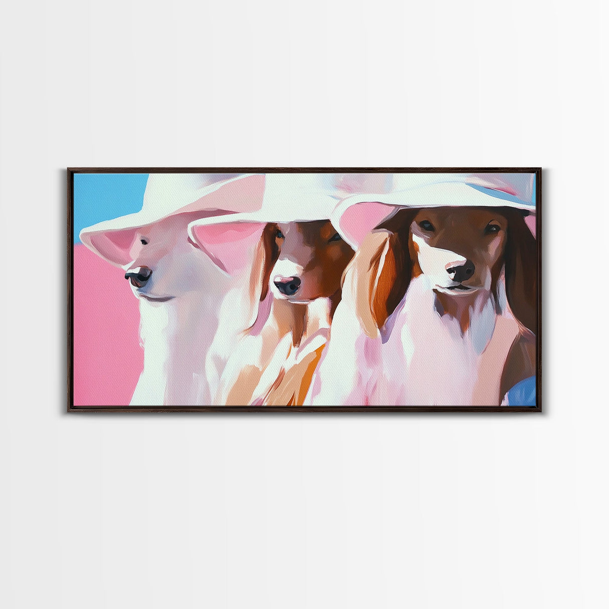 Stylish Dogs, Trendy Animal Art, Pink Aesthetic Print, Modern Pet Portrait, Whimsical Wall Art, Playful Decor, Framed Canvas Print