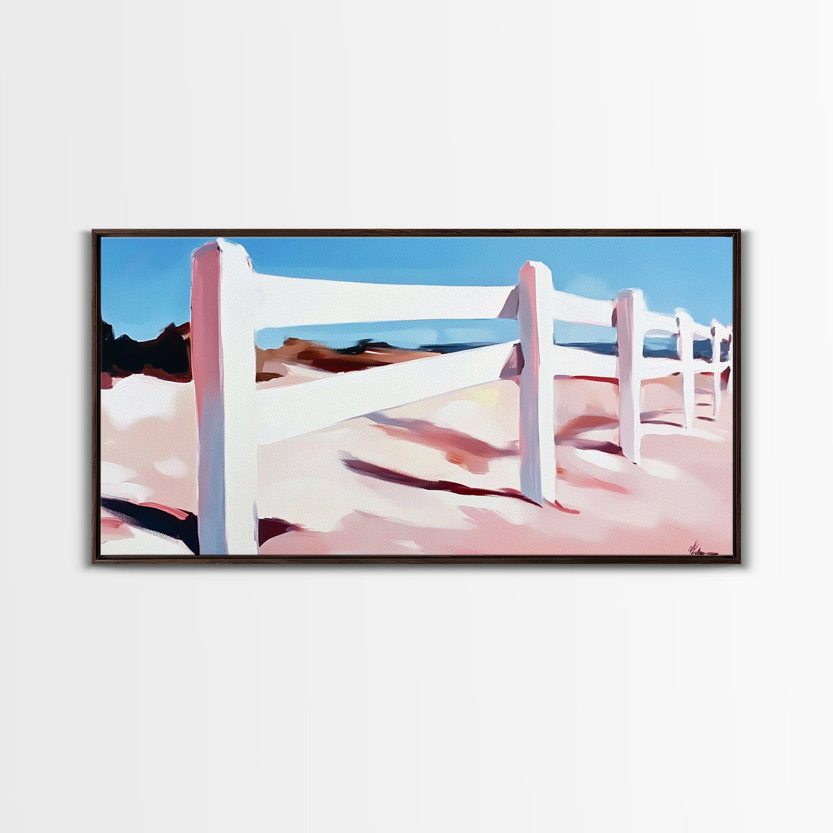 White Fence, Coastal Landscape, Pastel Beach Art, Framed Canvas Print, Minimalist Wall Decor, Ocean View Painting, Summer Art