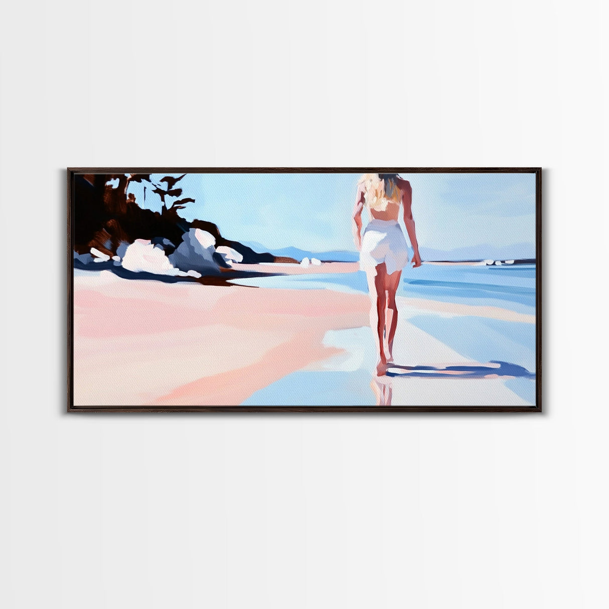 Walking Beach, Ocean View, Coastal Serenity, Tranquil Scene, Framed Canvas Print, Minimalist Decor, Boho Art, Bedroom Wall Art