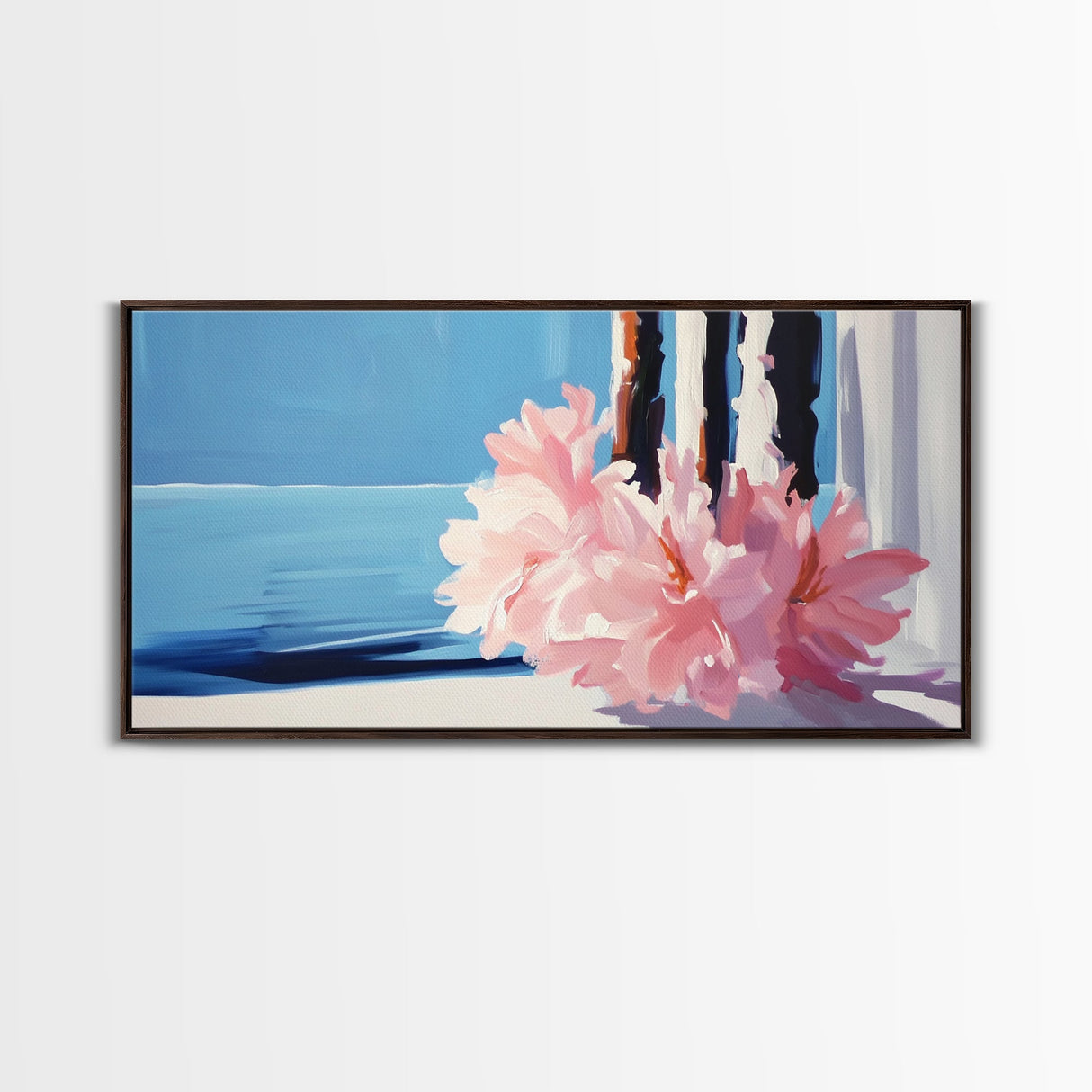 Ocean View, Floral Arrangement, Pastel, Canvas Print, Coastal Wall Art, Beach House Aesthetic, Modern Decor, Blue and Pink Theme