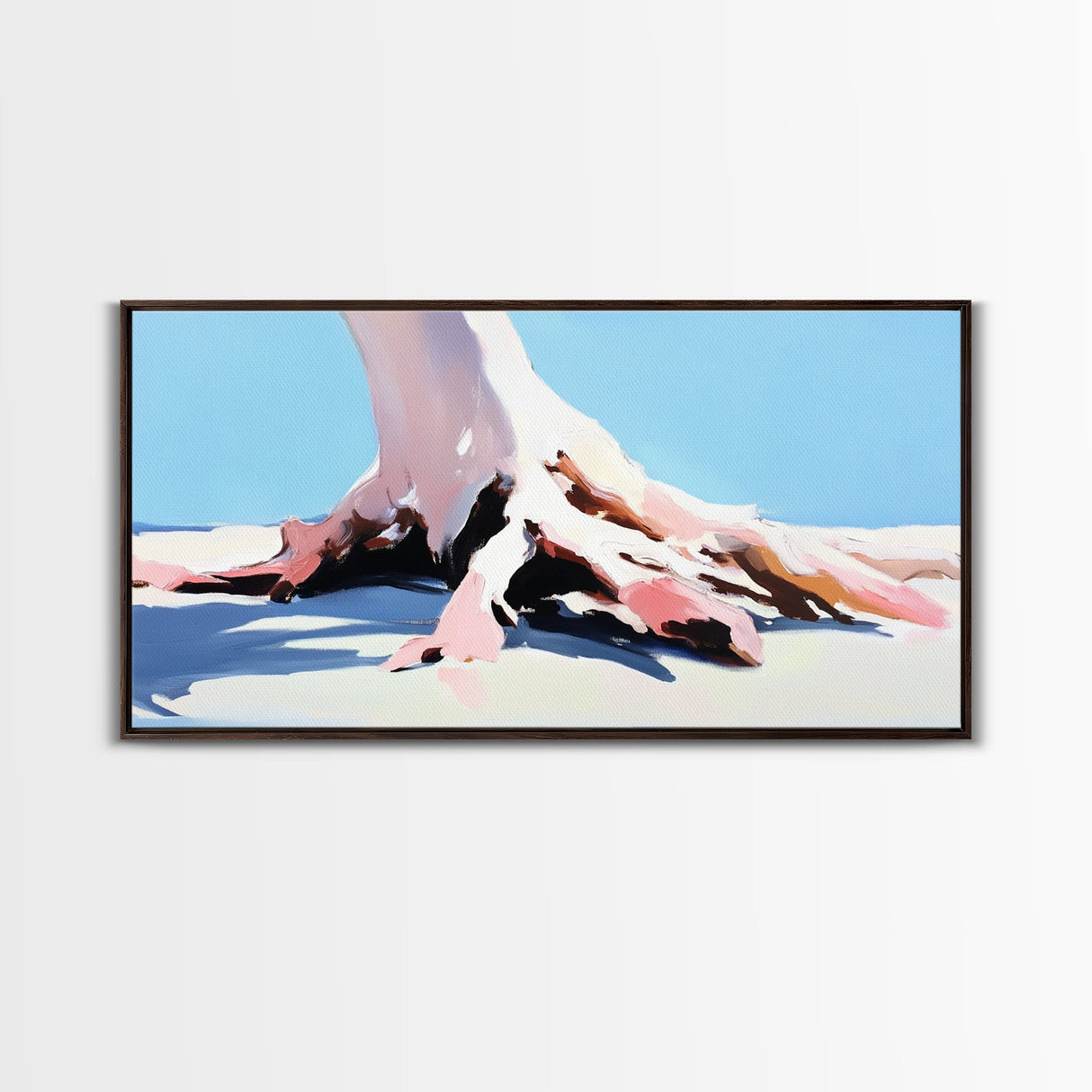 Tree, Root, Beach, Framed Canvas Print, Coastal Wall Art, Nature Inspired, Minimalist Art, Tranquil Home Decor, Pastel Painting