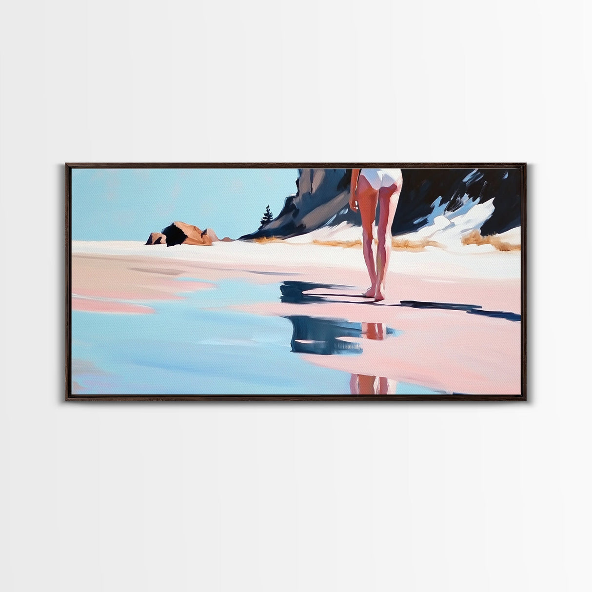 Woman, Reflection, Shoreline, Framed Canvas Print, Feminine Art, Modern Minimalist, Relaxing Home Decor, Pastel Coastal Painting