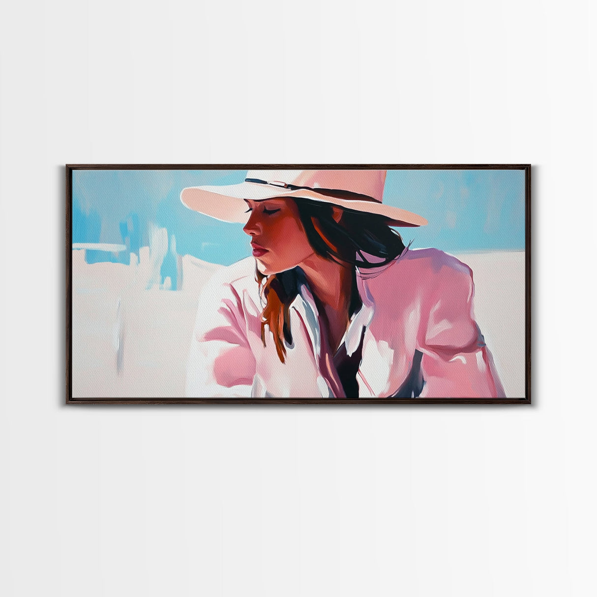 Woman, Sun Hat, Beach, Framed Canvas Print, Fashion Art, Minimalist Style, Boho Home Decor, Coastal Chic, Pastel Summer Painting