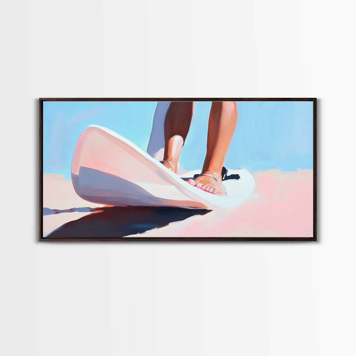 Surfing Vibes, Coastal Sport Art, Minimalist Ocean Painting, Pastel Beach Decor, Framed Canvas Print, Adventure Inspired, Living Room Art