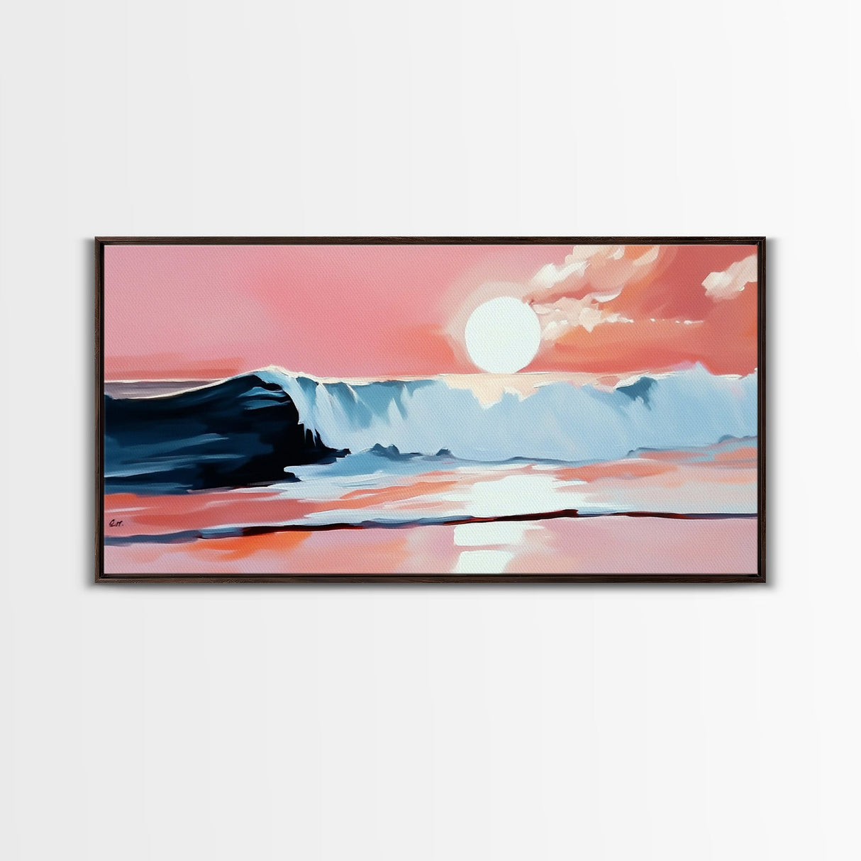 Pink Sunset, Ocean Waves, Coastal Art, Beach Decor, Framed Canvas Print, Modern Wall Art, Nautical Art, Living Room Wall Art