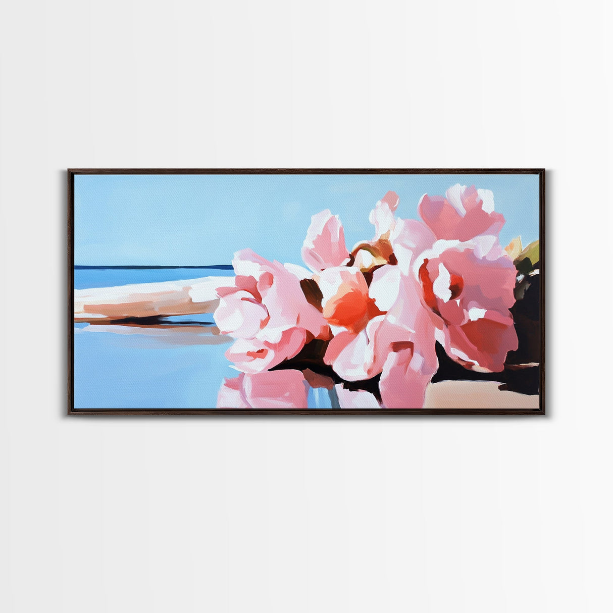 Beach Flowers, Coastal Art, Pink Peonies, Seaside Decor, Framed Canvas Print, Living Room Wall Art, Romantic Art, Boho Aesthetic