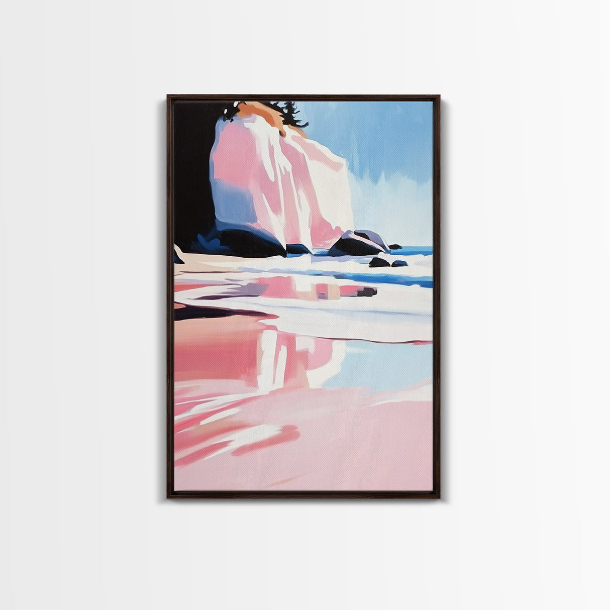 Pink Waves, Ocean Reflection, Coastal Landscape, Summer Wall Art, Boho Beach Decor, Canvas Print, Bedroom Art, Vibrant Seaside Painting