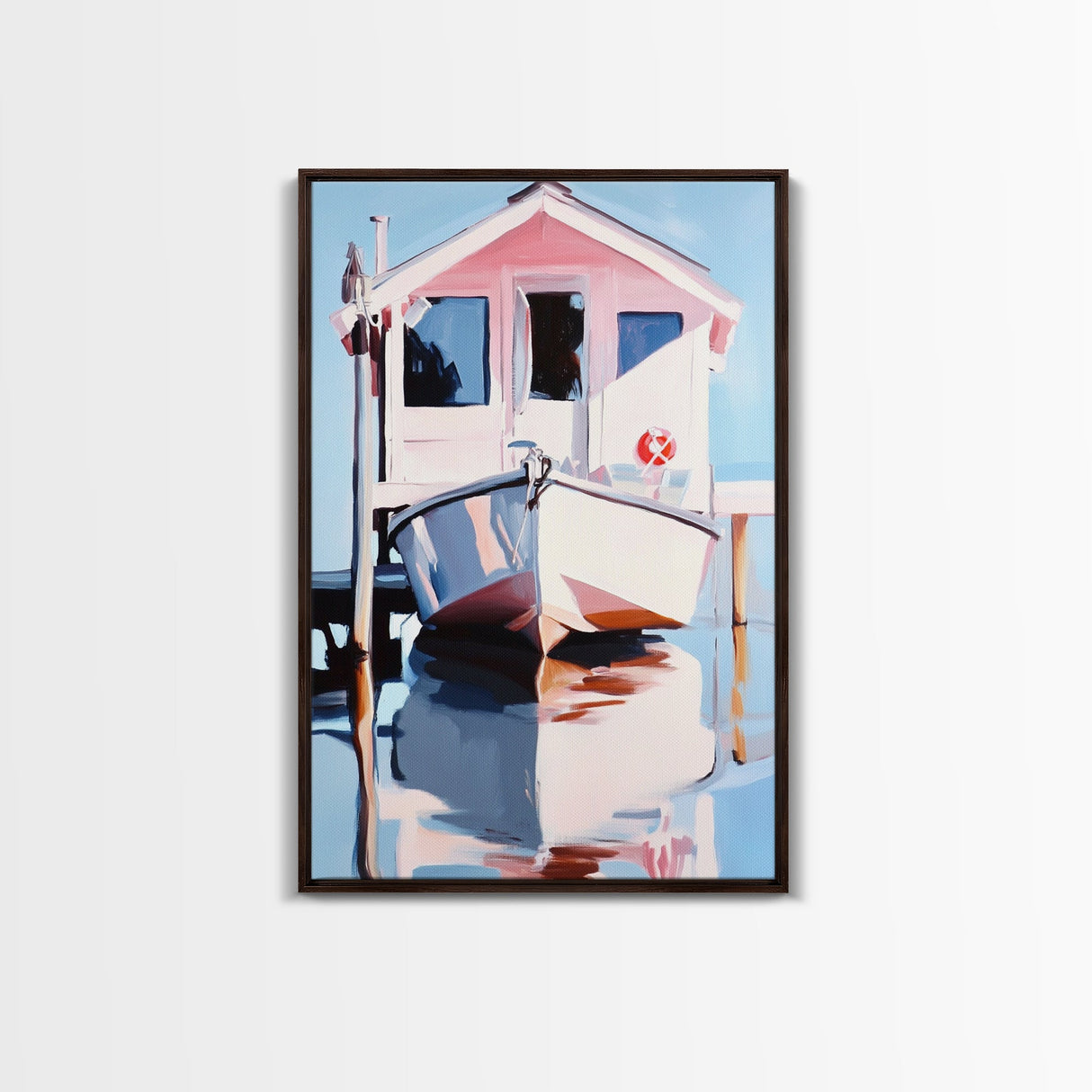 Boat Dock, Harbor Scene, Nautical Home Art, Coastal Wall Decor, Framed Canvas Print, Minimalist Beach Art, Modern Painting, Boho Art