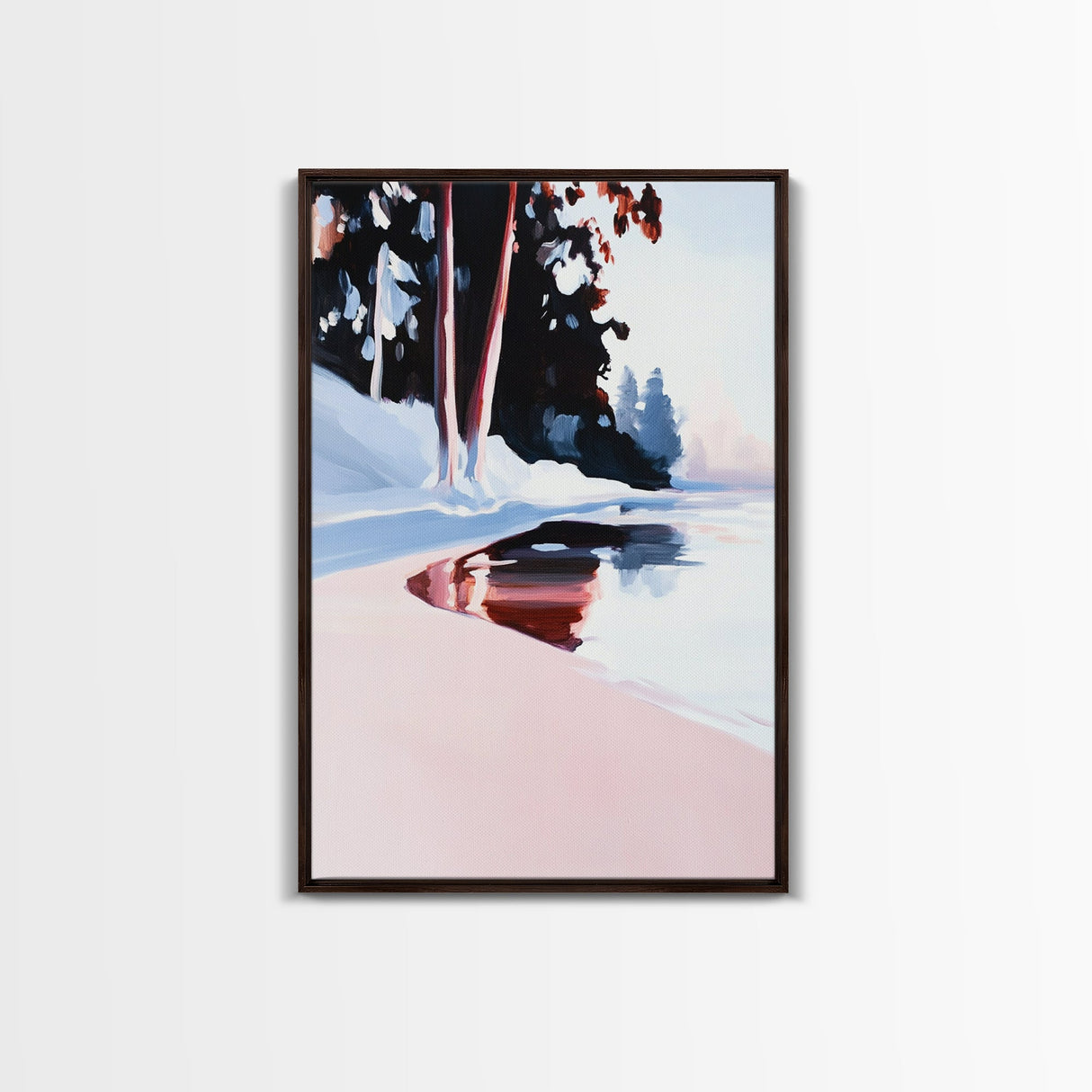 Winter Forest, Snowy Pines, Lake Reflection, Seasonal Wall Decor, Framed Canvas Print, Minimalist Landscape, Cozy Wall Art, Cabin Decor