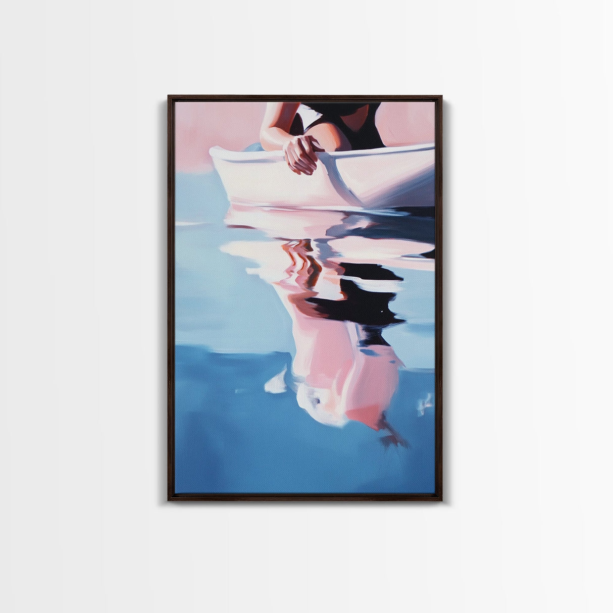 Woman on Water, Summer Reflections, Framed Canvas Print, Contemporary Minimalism, Relaxing Wall Decor, Coastal Home Accent