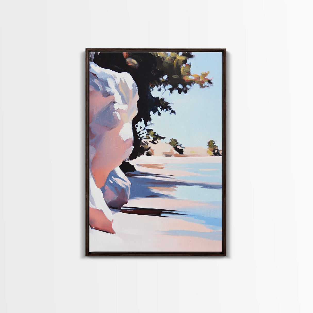 Shoreline, Sunset, Shadows, Warm, Framed Canvas Print, Seascape Wall Art, Boho Beach Decor, Ocean Sunset Artwork, Coastal Home Aesthetic