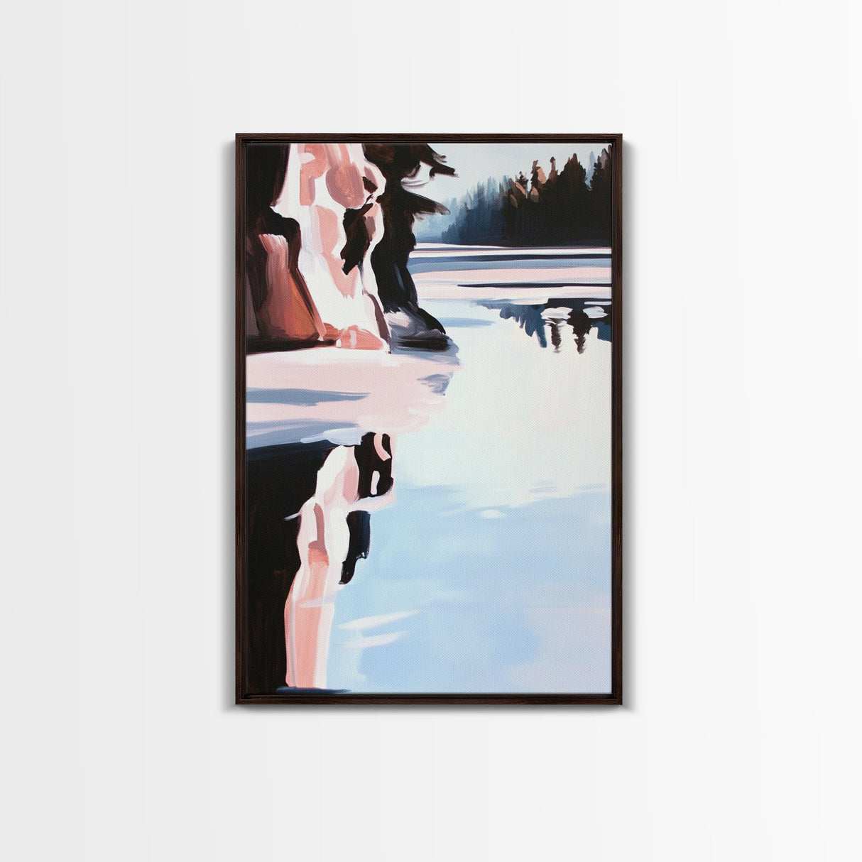 Winter Lake, Reflections, Moody Landscape, Nature Photography Style, Cool Tones, Wilderness Art, Cabin Decor, Framed Canvas Print