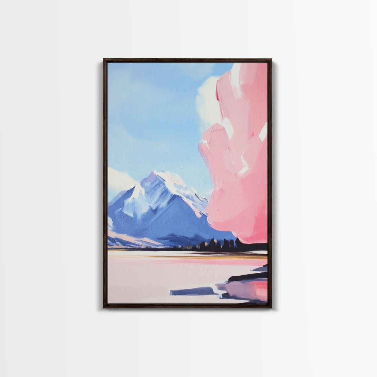 Snowy Mountain Art, Pastel Landscape, Modern Nature Print, Framed Canvas Print, Winter Decor, Minimalist Wall Art, Cozy Home Aesthetic