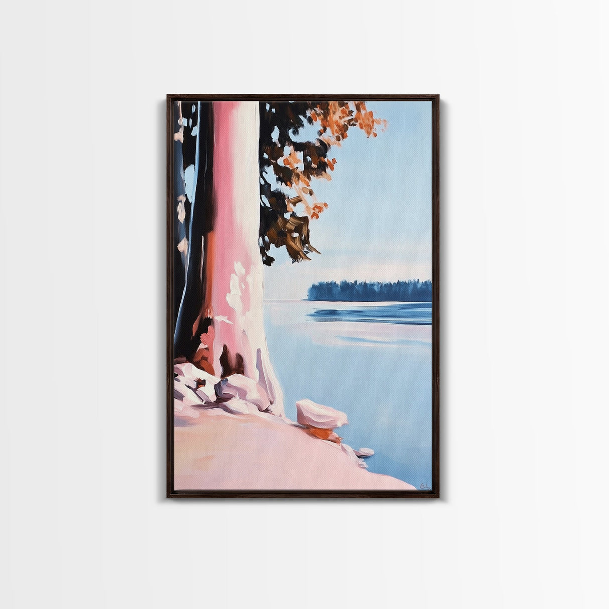 Lake View, Coastal Wall Art, Pastel Landscape, Minimalist Print, Framed Canvas Print, Beach House Decor, Bedroom Aesthetic