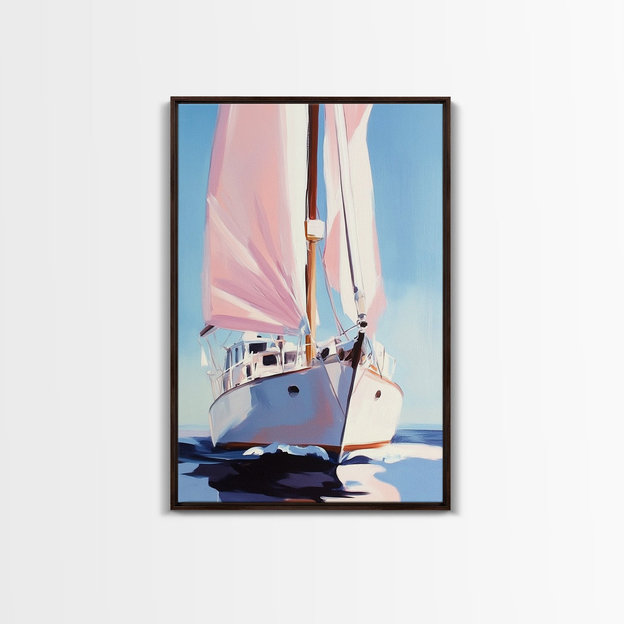 Sailboat, Nautical Decor, Ocean Theme, Maritime Art, Coastal Wall Art, Blue and Pink, Travel Inspired, Framed Canvas Print, Living Room