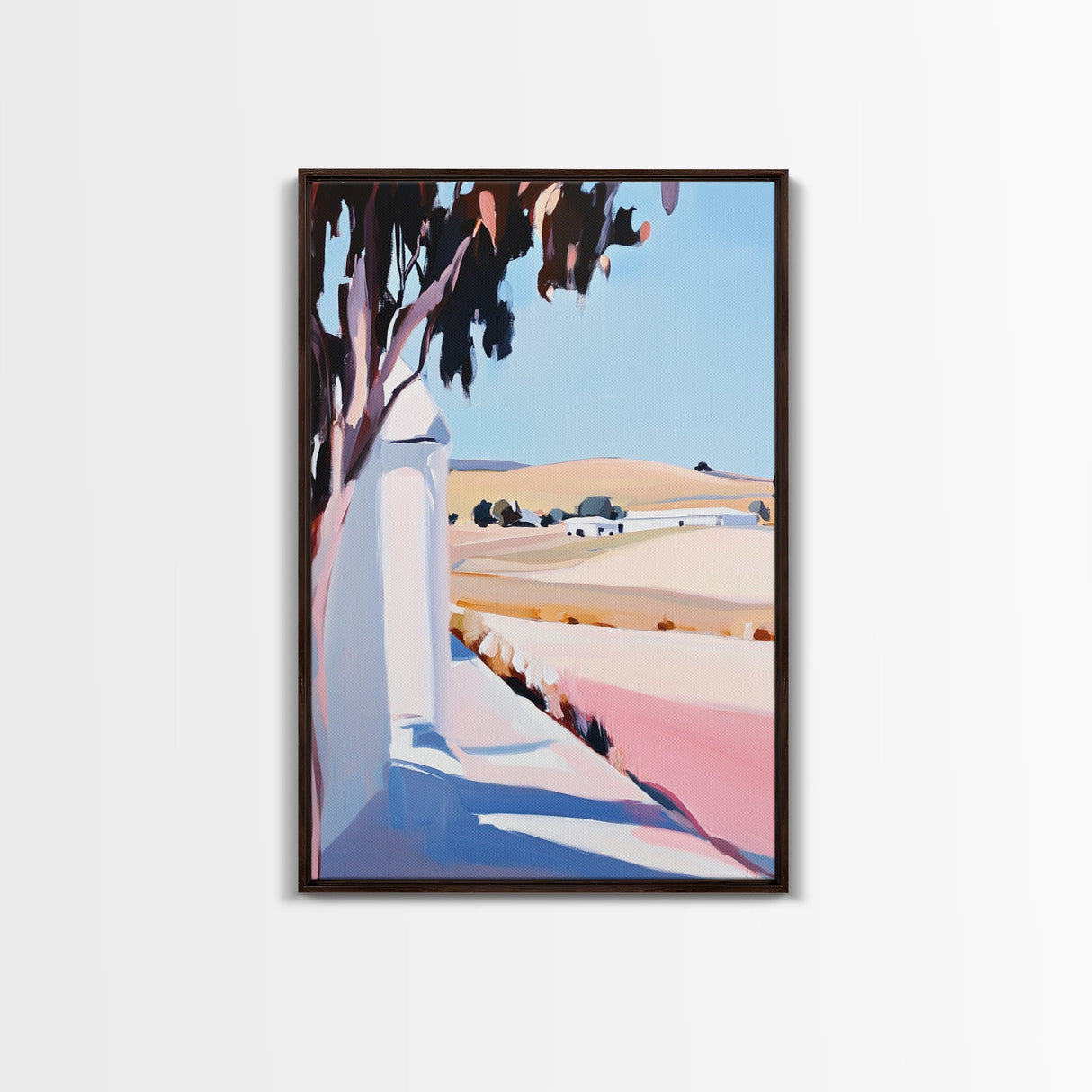 Sunlit Fields, Rural Landscape, Mediterranean Art, Warm Pastel Colors, Farmhouse Aesthetic, Framed Canvas Print, Kitchen Wall Art
