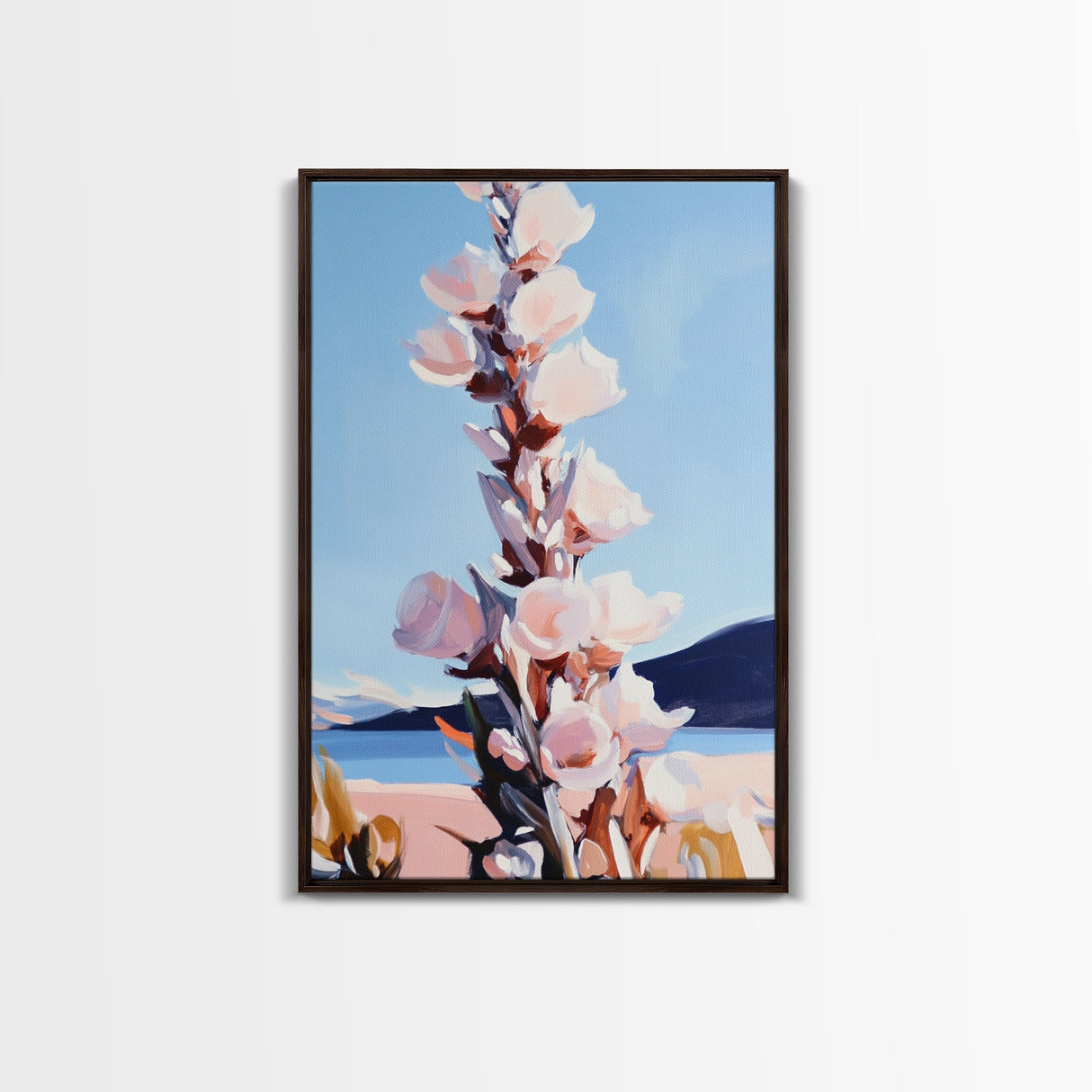 Wildflower Bloom, Pastel Floral Art, Nature Inspired, Tranquil Landscape, Soft Blue and Pink Hues, Framed Canvas Print, Entryway