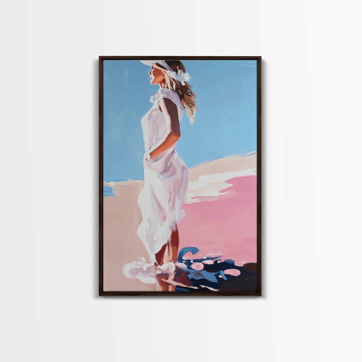 Woman in White, Summer Art, Elegant Coastal Decor, Framed Canvas Print, Beach Painting, Modern Boho Wall Art, Bedroom Wall Art