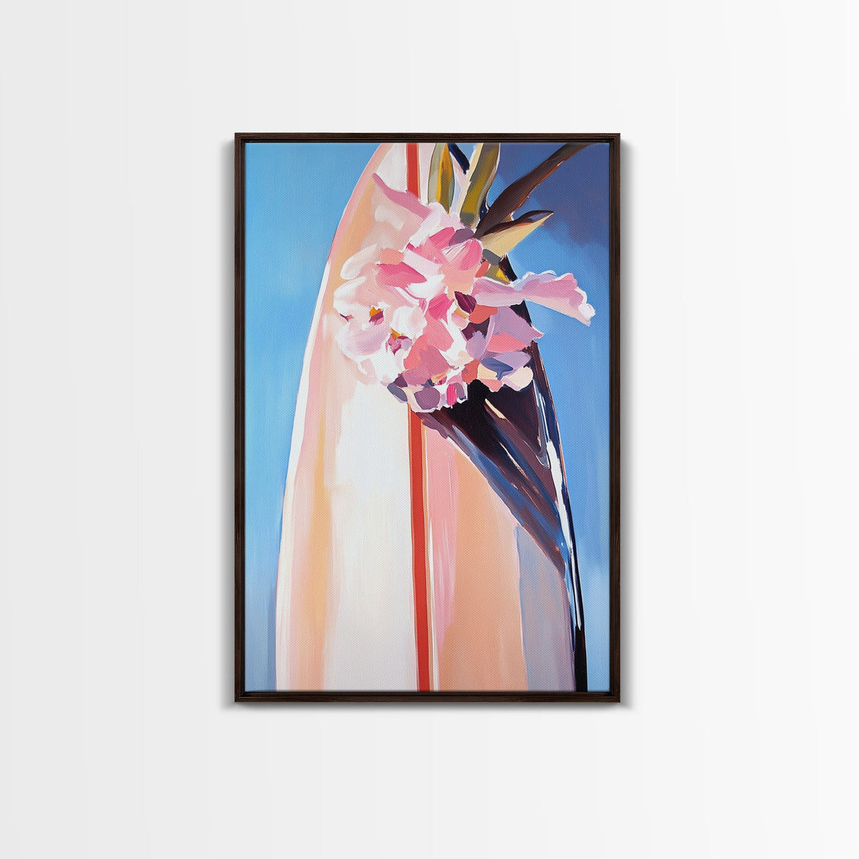 Surfboard Flowers, Tropical Boho Art, Framed Canvas Print, Coastal Wall Decor, Pastel Summer Painting, Beach Aesthetic, Minimalist Art